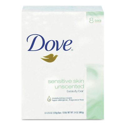 Dove Sensitive Skin Bath Bar, 4.5 oz Bar, Unscented, 8 Bars per Pack, 9 Packs per Carton - Image 1
