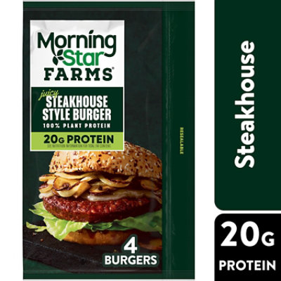 MorningStar Farms Plant Based Veggie Burgers Steakhouse Style Vegan Meat 4 Count - 16 Oz - Image 1