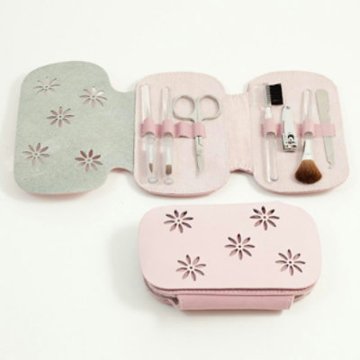 Super Smooth International 7 Pieces Manicure Set - Pink Leather Ultra Sued Case - Image 1