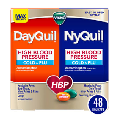 Icks Dayquil & Nyquil High Blood Pressure Cold & Flu Liquicap Medicine Combo Pack, Decongestant Free - 48 CT - Image 1