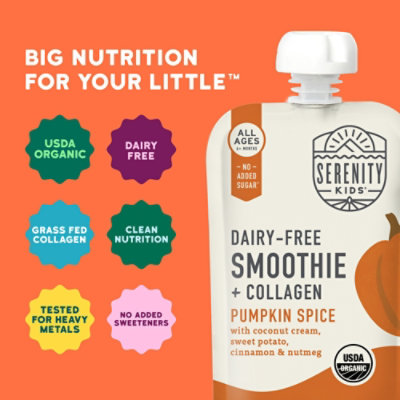 Serenity Kids Organic Pumpkin Spice Smoothie with Grass Fed Collagen Baby Food Pouch - 3.5 Oz - Image 2