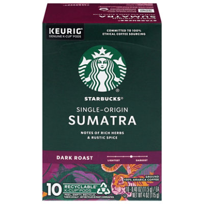 Starbucks K-cups Pods Dark Roast Ground Sumatra Coffee Box 10 Count - 4 Oz