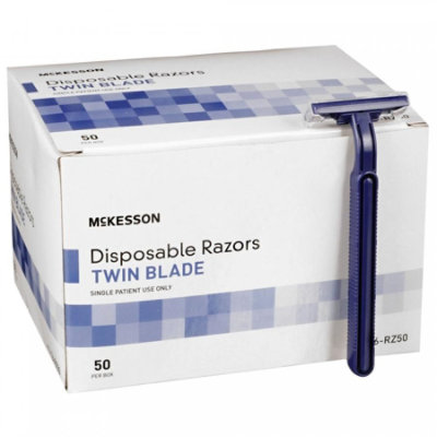 McKesson Disposable Razor, Twin Blade, Blue, Stainless Steel/Plastic, Disposable, Nonsterile - 50 Count - Image 1