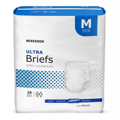 McKesson Ultra Brief, Adult, Medium, 32 to 44 In. Waist/Hip, White, Unisex, Tab Closure, Disposable, Heavy Absorbency, 16 Count, Bag - Image 1