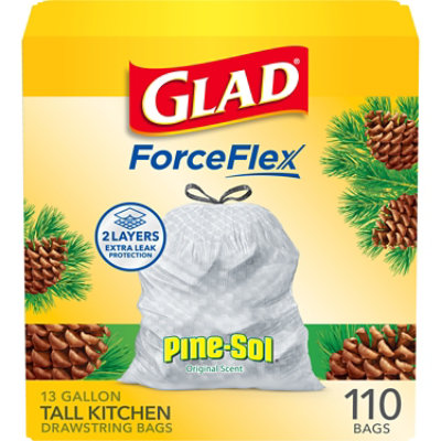 Glad ForceFlex Tall Kitchen Drawstring Trash Bags 13 Gallon Pine Sol Original Scent - 110 Count