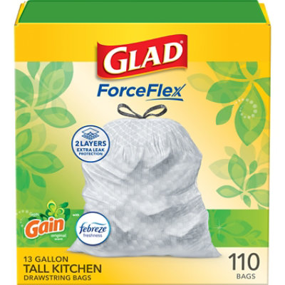 Glad Forceflex Tall Kitchen Drawstring Trash Bags 13 Gallon White Trash Bag Gain Original Scent - 110 CT