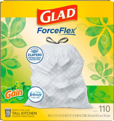 Glad Forceflex Tall Kitchen Drawstring Trash Bags 13 Gallon White Trash Bag Gain Original Scent - 110 CT - Image 4