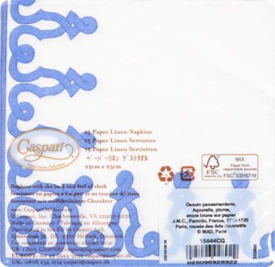 Caspari Dessin Passementerie Riveria Blue Linen Cocktail Napkin - 15 CT - Image 4