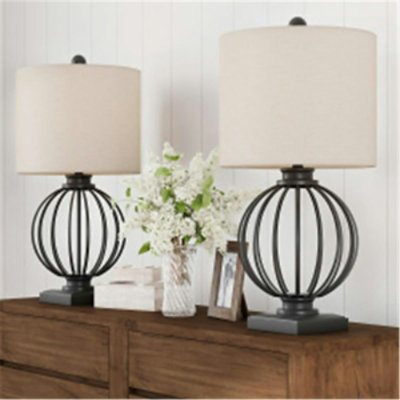 Trademark Global Inc Trademark  Wrought Iron Open Cage Orb Lights Bulbs & Linen Shades Included-Modern Rustic Table Lamps Matte Black & Natural Linen - Set of 2 - Image 1