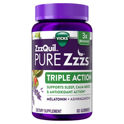 Zzzquil Pure Zzzs Triple Action, 6mg Melatonin Gummies, 3x Melatonin Sleep Aid With Ashwagandha, Cal - 60 CT - Image 1