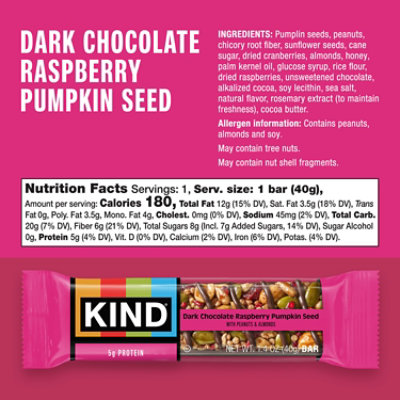 KIND Seeds Fruit & Nut Dark Chocolate Raspberry Pumpkin Seed Gluten Free Snack Bar - 1.4 Oz - Image 2