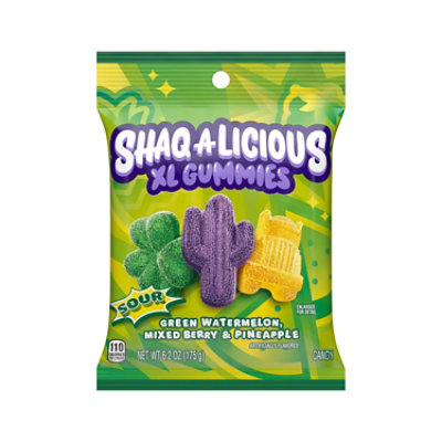 Shaq-a-licious Sour Gummies Peg Bag Pineapple Mixed Berry & Green Watermelon Flavors - EA - Image 1