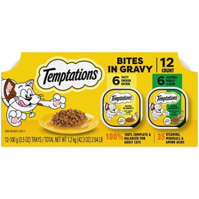 Temptations Bites in Gravy Tasty Chicken and Seafood Medley Adult Wet Cat Food - 12-3.5 Oz - Image 1