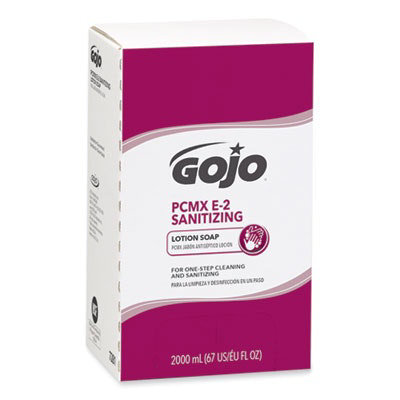 GOJO E2 Sanitizing Lotion Soap with PCMX, For Pro TDX Dispenser, Fragrance-Free, 2,000 mL Refill Bag-in-Box, 4/Carton - Image 1