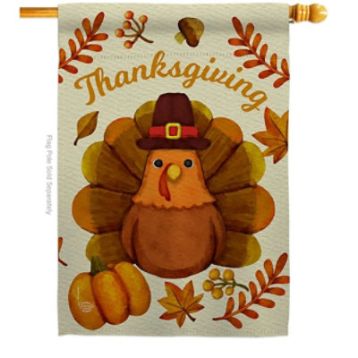 Ornament Collection - 28 x 40 in. Pilgrim Turkey House Flag with Fall Thanksgiving Double-Sided Decorative Vertical Flags Decoration Banner Garden Yard Gift - Image 1