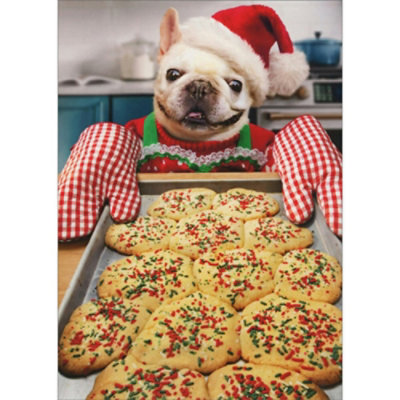 Dog with Red and White Checkered Oven Mitts and Tray of Cookies Pack of 10 Christmas Cards - Image 1