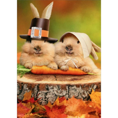 2 Pilgrim Rabbits on Tree Stump Thanksgiving Card - Image 1