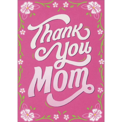 Thank You Mom: Swirling White Letters and Flower Border on Pink Mother's Day Card - Image 1