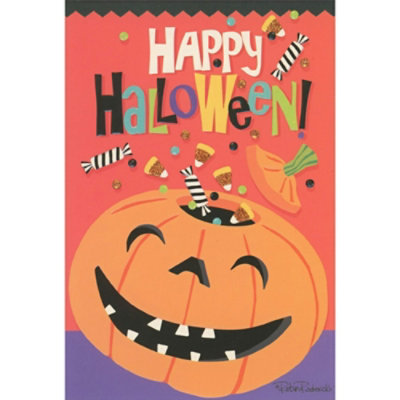 Candy Pouring Into Laughing Jack-o-Lantern Halloween Card - Image 1