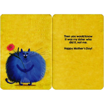 Puffy Blue Cat Holding Pink Flower Mother's Day Card for Mom - Image 2
