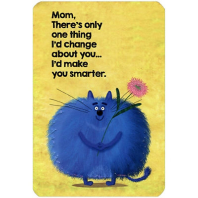Puffy Blue Cat Holding Pink Flower Mother's Day Card for Mom - Image 1