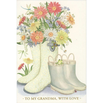Two Pairs of White Rain Boots Holding Bouquet of Flowers Mother's Day Card for Grandma - Image 1
