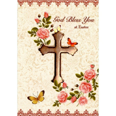 Cross, Pink Flowers and Butterflies Religious Easter Card - Image 1