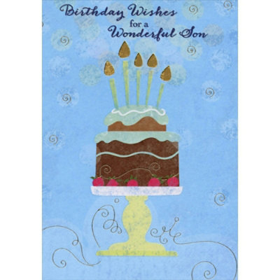 Chocolate Cake on Yellow Based Dessert Stand Birthday Card for Son - Image 1