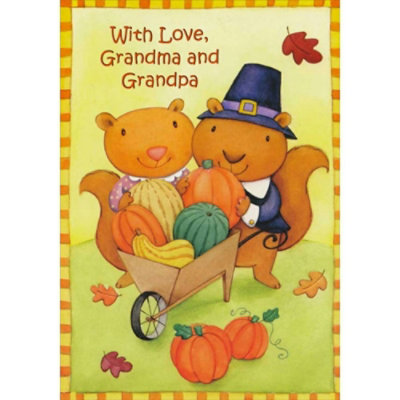 Pilgrim Squirrels with Cart of Vegetables Juvenile Thanksgiving Card for Grandma and Grandpa - Image 1