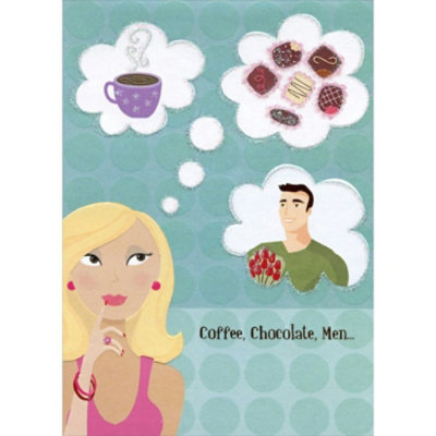 Woman Thinking : Coffee, Chocolate, Men Funny : Humorous Feminine Birthday Card for Her : Woman : Women - Image 1