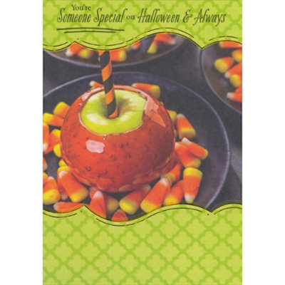 Caramel Apple and Candy Corn in Dish Halloween Card for Someone Special - Image 1