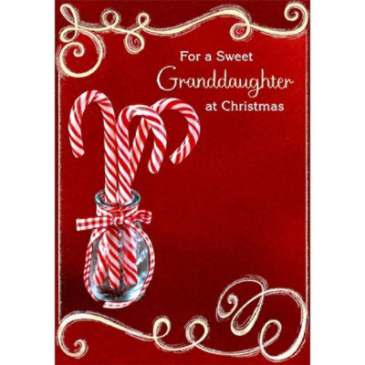3 Candy Canes in Glass Jar Photograph on Dark Red Granddaughter Christmas Card - Image 1