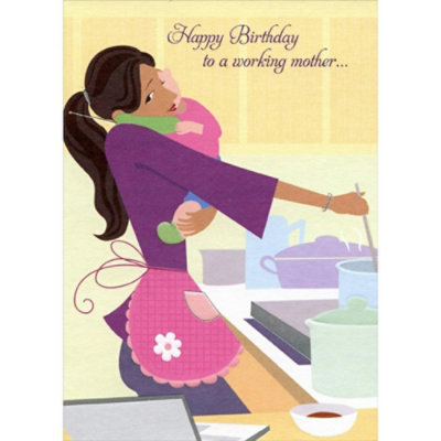 Working Mother on Phone, Holding Baby and Cooking Funny : Humorous Feminine Birthday Card for Her : Woman : Women - Image 1