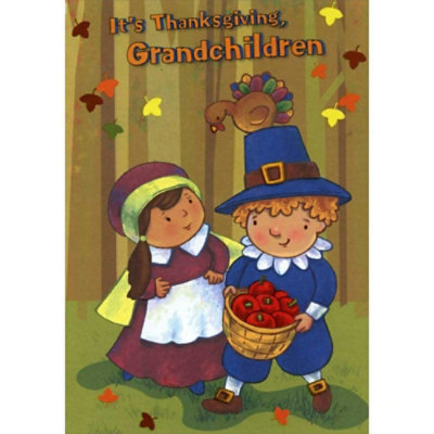 Boy and Girl Pilgrims with Basket of Apples Juvenile Thanksgiving Card for Grandchildren - Image 1