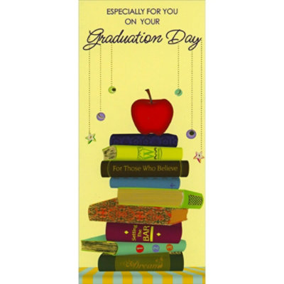 Red Apple on Tall Stack Of Books Money Holder / Gift Card Holder Graduation Congratulations Card - Image 1