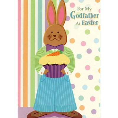 Rabbit in Purple Bow Tie Holding Large Cupcake Die Cut Juvenile Godfather Easter Card from Young Child : Kid - Image 1