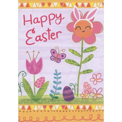 Smiley Faced Flower with Bunny Ears, Pink Tulip and Pink Butterfly Juvenile Easter Card for Young Girl - Image 1