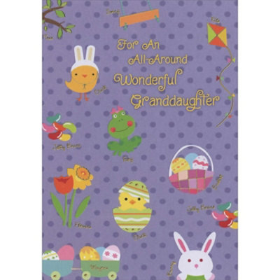 Swing, Kite, Chick, Frog, Jelly Beans, Eggs and Bunny on Purple Polka Dots Juvenile Easter Card for Young Granddaughter - Image 1