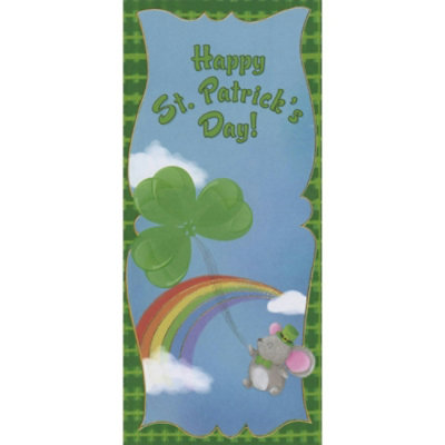 Small Mouse Holding Shamrock Balloons: Rainbow Between Clouds Juvenile St. Patrick's Day Money Holder / Gift Card Holder Card - Image 1