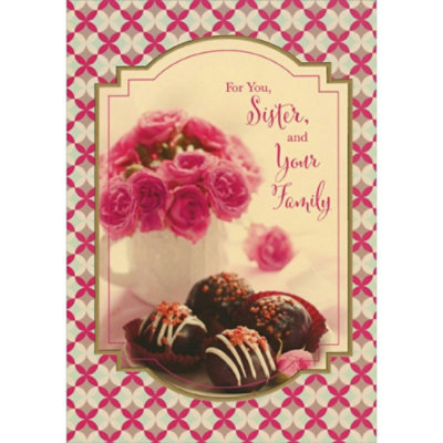 4 Chocolate Candies: White Mug Holding Pink Flowers Photo Valentine's Day Card for Sister and Family - Image 1
