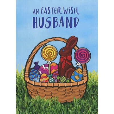 Basket Filled with Chocolate Bunny, Candy, Suckers and Eggs Funny Easter Card for Husband - Image 1