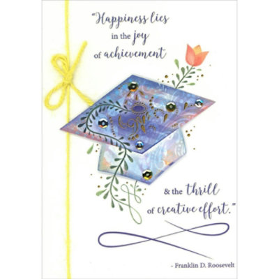 Happiness Lies in the Joy of Achievement: 3D Cap and Yellow String Bow Hand Decorated University Graduation Congratulations Card - Image 1