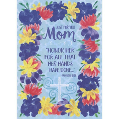 Honor Her For All That Her Hands Have Done: Floral Border on Light Blue Religious Mother's Day Card for Mom - Image 1