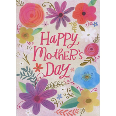 Oval Border of Pink, Orange, Purple, Blue, White and Yellow Flowers with Gold Foil Stems Mother's Day Card - Image 1