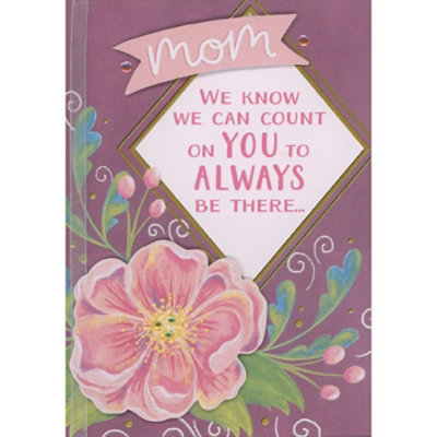 Mom, We Can Always Count on You: 3D Die Cut Pink Flower, Gems, White Ribbon on Purple Hand Decorated Mother's Day Card from Son and Daughter-in-Law - Image 1