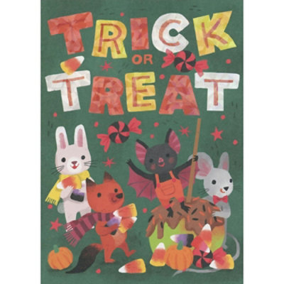 Trick or Treat: Cute Animals and Candy Apple on Green Juvenile Halloween Card for Child / Kids - Image 1