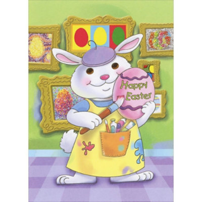 Artist Bunny Holding Egg, Paint Brush and Wearing Smock Juvenile Easter Card for Kids, Boys or Girls - Image 1