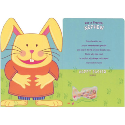 Large Yellow Bunny Holding Bag of Jelly Beans Tied with Green String Juvenile Easter Card for Nephew - Image 2