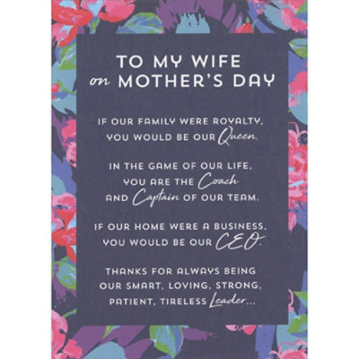 Queen, Coach, Captain, CEO and Leader: Pink, Blue and Purple Floral Border Mother's Day Card for Wife - Image 1