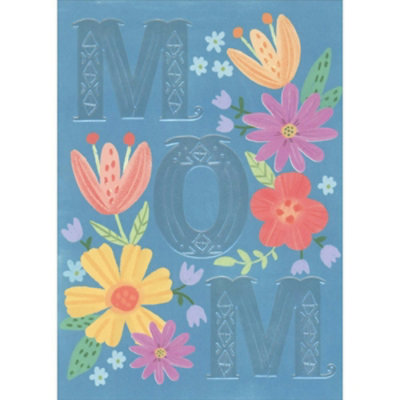 Shimmering Blue Mom Letters and Large Flowers on Teal Mother's Day Card for Mom - Image 1